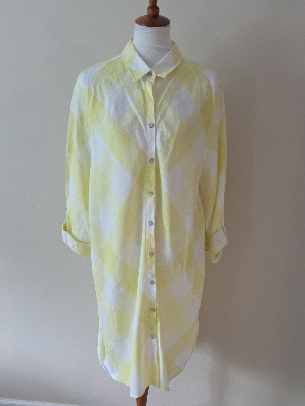 Chico's Yellow and White Plaid Button-Up Shirt Dress Tunic Maxi Shirt